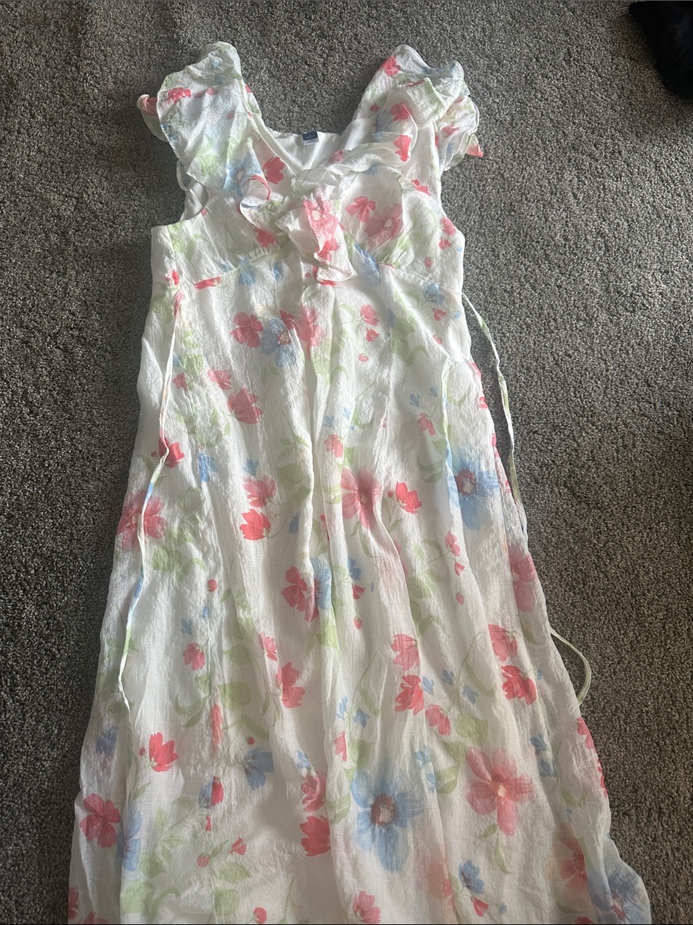White Floral Ruffle Dress - Pink & Blue Flowers